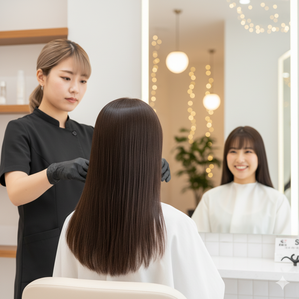 美容師がお客様の髪（酸性ストレート施術後）をとかしている様子