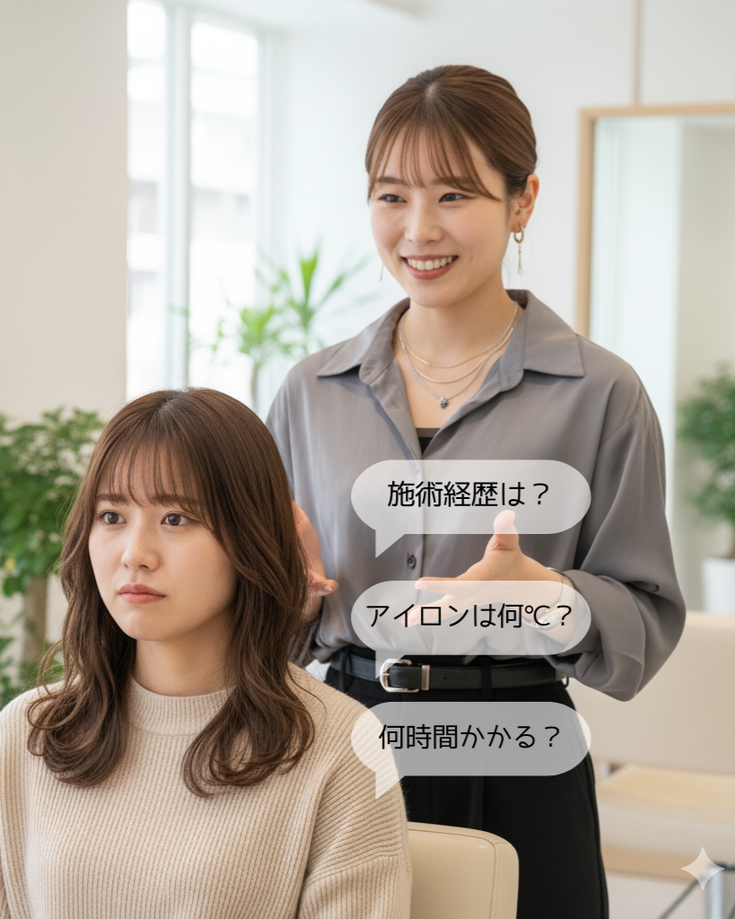 美容師がお客様に酸性ストレートの質問についてカウンセリングしている様子
