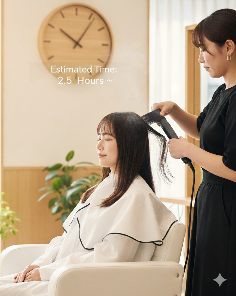 酸性ストレートの施術中にアイロンを当てている様子